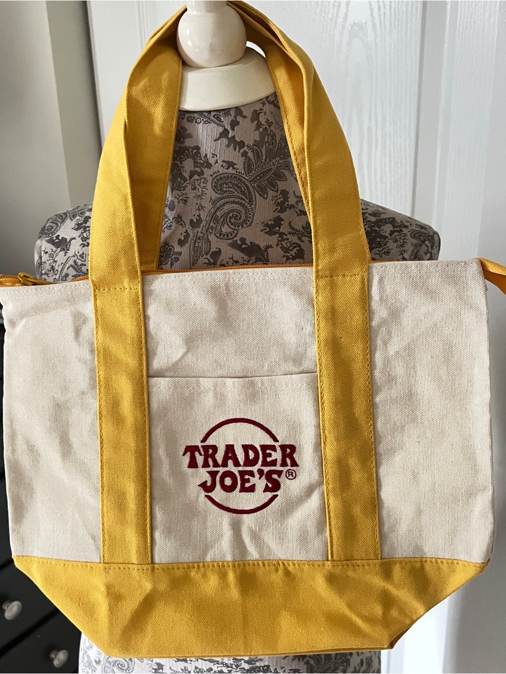 Trader Joe's Cream Canvas Tote with Yellow zipper